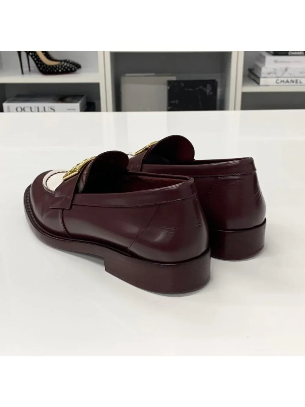 Chanel CC Logo Leather Loafers Burgundy White